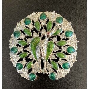 Vintage Trifari Brooch Enamel Rhinestone Peacock 1997 Pin Silver Tone Green